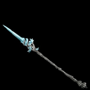 May include: A fantasy spear with a silver-grey shaft and a light blue blade. The spear features intricate floral and vine-like details around the blade and along the shaft, with a decorative base.