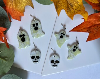 Glow in the Dark Skull and Ghost Polymer Clay Earrings