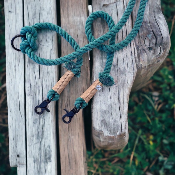 Gedraaide katoenen hondenriem | touwlijn | 2-voudig verstelbaar | 100% handgemaakt | touw | groene hondenriem | Strandlijn | Boho-riem