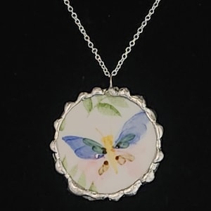 Butterfly broken china jewelry pendant necklace, handmade gift for mom, girlfriend, wife, anniversary