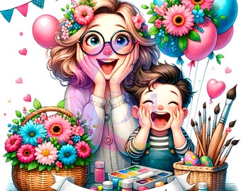 Fête des mères DTF - Joyeuse fête des mères, mère avec des lunettes et fils excités