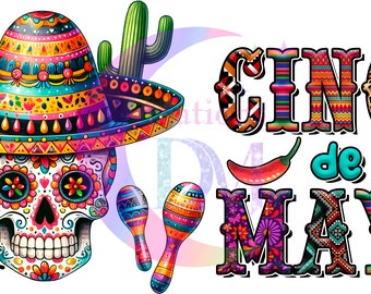 Cinco de mayo DTF - Cinco de mayo , crâne , maracas et cactus à la mexicaine