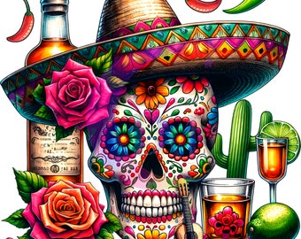 cinco de mayo DTF - cinco de mayo calavera, tequila, rosas y cactus solamente