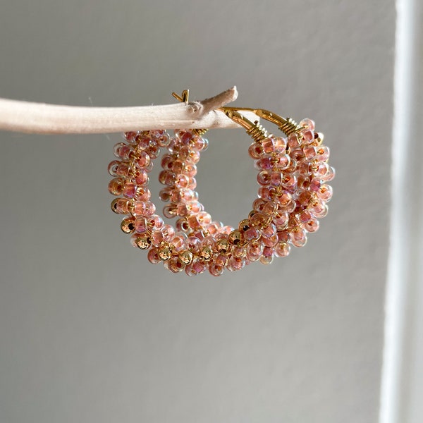 18K gold-plated colorful hoop earrings with pearls pearl earrings colorful pink gold old pink glass pearl seed beads gold jewelry