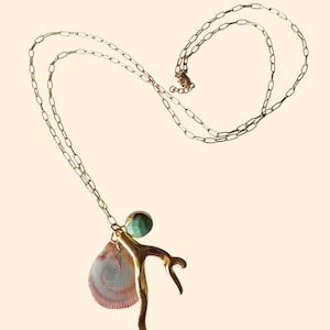 Hand Made Beach Necklace, real and unique shell, Gold coral and Turquoise Gem, hand  made jewelry.