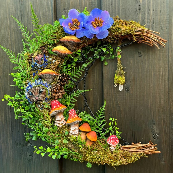 Forest Fairy Cat Wreath, Crystal Wreath, Mushroom Wreath, Mushroom Decor, Fairycore Decor, Flower Wreath, Crystal Decor, spring decor