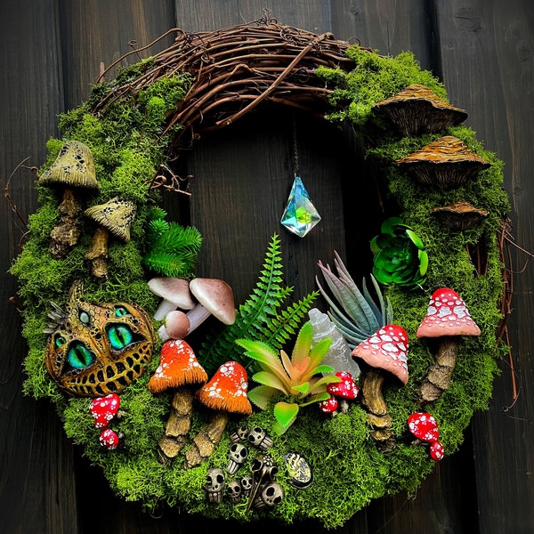 Woodland Druid Wreath, Suncatcher Wreath, Mushroom Wreath, Mushroom Decor,  Goblincore Decor, Witchy Wreath