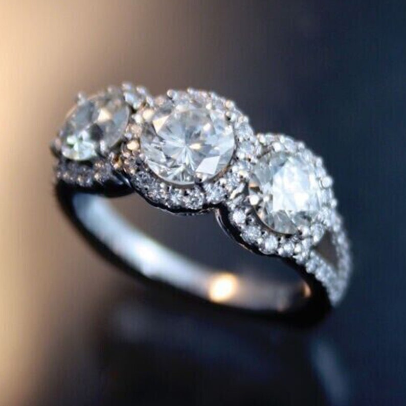 Three Stone Engagement Wedding Ring, 3.10 Ct Round Cut White Sapphire, Moissanite Ring, Halo Promise Ring, Split shops Shank Band, 14K White Gold