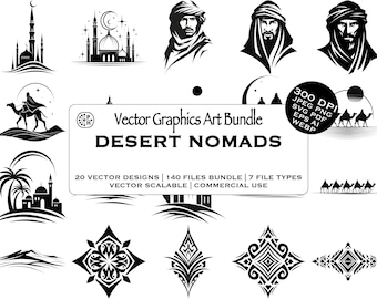 Desert Nomads, Vector Bundle, Desert SVG, Arabic Culture, Tribal Nomad, Camels Design, Digits Products, Instant Download, Commercial Use,PNG