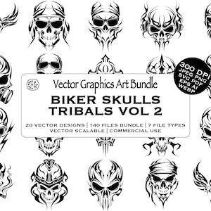 Puede incluir: Una colección de diseños de calaveras de moteros en blanco y negro con elementos tribales. La imagen incluye varias ilustraciones de calaveras con diferentes estilos, algunas con gafas de sol, pañuelos y máscaras de gas. El texto dice "Vector Graphics Art Bundle Biker Skulls Tribals Vol 2".
