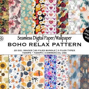 Op de afbeelding: Een verzameling naadloze digitale papier- en behangpatronen met een Boho Relax-thema. De patronen bevatten bloemen-, hart- en abstracte ontwerpen in verschillende kleuren. De afbeelding bevat de tekst "BOHO RELAX PATTERN" en details over de digitale bestanden.