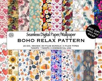 Boho Designs Seamless Pattern, Relaxation Bundle, Tropical Tile, Flowers Tropics, Vintage Mandala Art,  Retro Aesthetics, Commercial Use JPG