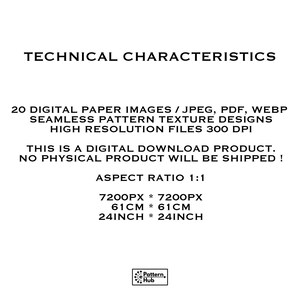 Puede incluir: Imagen con texto: "CARACTER&Iacute;STICAS T&Eacute;CNICAS" y detalles de 20 im&aacute;genes de papel digital, dise&ntilde;os de textura de patr&oacute;n sin costuras, archivos de alta resoluci&oacute;n. Relaci&oacute;n de aspecto 1:1, 61 cm por 61 cm. Descarga digital, sin producto f&iacute;sico.