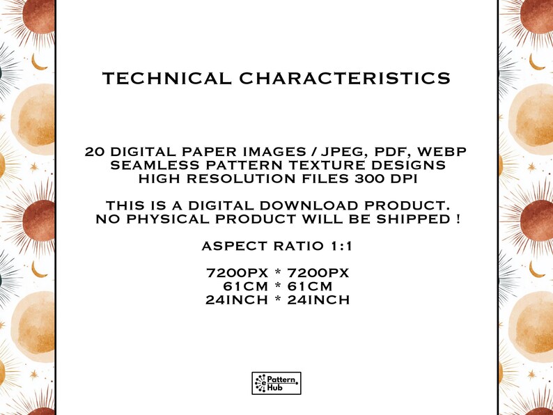 Puede incluir: Imagen con texto: "CARACTER&Iacute;STICAS T&Eacute;CNICAS" y detalles de 20 im&aacute;genes de papel digital, dise&ntilde;os de textura de patr&oacute;n sin costuras, archivos de alta resoluci&oacute;n. Relaci&oacute;n de aspecto 1:1, 61 cm por 61 cm. Descarga digital, sin producto f&iacute;sico.