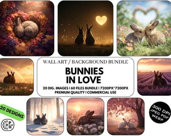 Bunny Love Wall Art Bundle, Floral Rabbit Scenes, Nature Romance, Valentine Easter Bunnies, DIY crafts, Instant Download Commercial Use, JPG