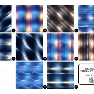 May include: A collection of ten seamless product images with abstract designs. The patterns feature flowing lines, light streaks, and color gradients in shades of blue, gold, and black. The images are labeled with numbers 11 through 20.