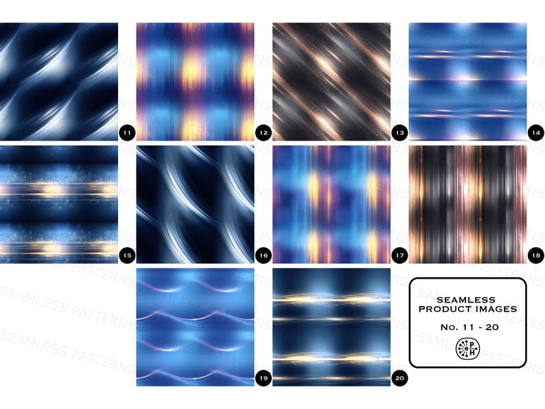 May include: A collection of ten seamless product images with abstract designs. The patterns feature flowing lines, light streaks, and color gradients in shades of blue, gold, and black. The images are labeled with numbers 11 through 20.