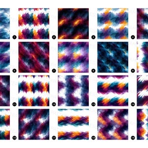 Puede incluir: Una cuadr&iacute;cula de veinte patrones digitales cuadrados con pinceladas de acuarela abstractas en varias combinaciones de colores, incluyendo azul, morado, naranja y blanco. Cada cuadrado est&aacute; numerado del uno al veinte, mostrando texturas mezcladas.