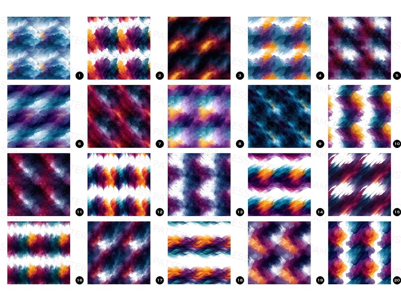 Puede incluir: Una cuadr&iacute;cula de veinte patrones digitales cuadrados con pinceladas de acuarela abstractas en varias combinaciones de colores, incluyendo azul, morado, naranja y blanco. Cada cuadrado est&aacute; numerado del uno al veinte, mostrando texturas mezcladas.