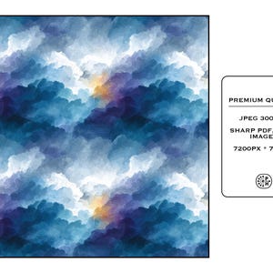 Puede incluir: Un patr&oacute;n digital que presenta un paisaje de nubes estilo acuarela en tonos azul profundo, marino y blanco con sutiles reflejos amarillo dorado. Un recuadro blanco contiene el texto: PREMIUM QUALITY, JPEG 300 DPI, SHARP PDF, WEBP IMAGES, 7200PX * 7200PX.