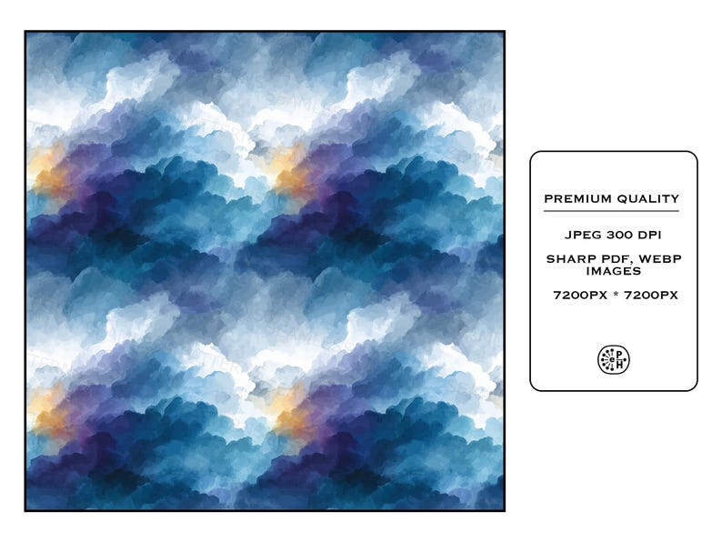 Puede incluir: Un patr&oacute;n digital que presenta un paisaje de nubes estilo acuarela en tonos azul profundo, marino y blanco con sutiles reflejos amarillo dorado. Un recuadro blanco contiene el texto: PREMIUM QUALITY, JPEG 300 DPI, SHARP PDF, WEBP IMAGES, 7200PX * 7200PX.