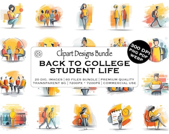 Watercolor Clipart Bundle, Educational College Scenes, Student Life, Teens Men Women, Classroom Meeting, Instant Download Commercial Use PNG