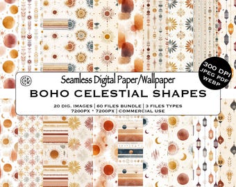 Boho Celestial Seamless Pattern Bundle, Rust Blush Sun Moon Star Wallpaper Illustration, DIY Crafting,  Instant Download Commercial Use, JPG