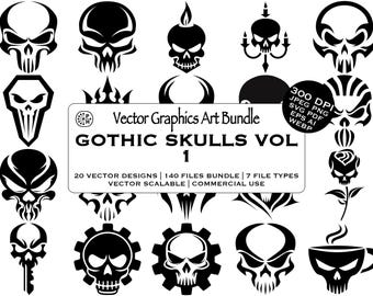 Puede incluir: Colección de diseños vectoriales de calaveras en blanco y negro. La imagen incluye varias ilustraciones de calaveras, algunas con elementos decorativos, y el texto "Gothic Skulls Vol 1".