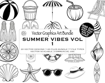 Minimalist Vector, Blacks Whites, Summer Vibes, Vector Bundle, Clipart Set, Vectors Pack, Holiday SVG, Beach Ball, Coconut, Ice Cream Design