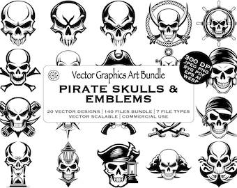 Pirate Skull Emblem Vector Graphic Bundle, Logo Tattoo Decal Designs, DIY crafts, Instant Download, Commercial Use, SVG PNG, storm, anchor
