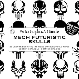 Puede incluir: Colección de diseños vectoriales de calaveras futuristas negras. La imagen incluye 20 diseños vectoriales, 140 archivos y 7 tipos de archivos. Los diseños son escalables y para uso comercial. También incluye el texto "Vector Graphics Art Bundle".