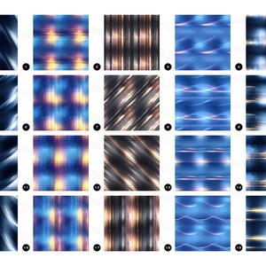 May include: A collection of twenty digital abstract art pieces. Each piece features a unique design with flowing lines, blurred light effects, and various color palettes including blues, golds, and silvers. The designs are suitable for digital backgrounds or surface patterns.