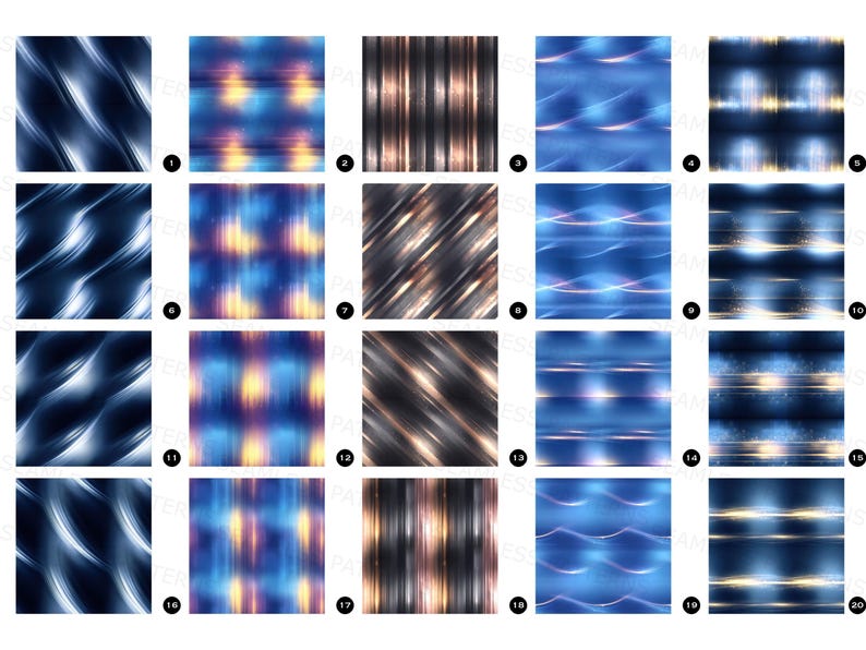 May include: A collection of twenty digital abstract art pieces. Each piece features a unique design with flowing lines, blurred light effects, and various color palettes including blues, golds, and silvers. The designs are suitable for digital backgrounds or surface patterns.