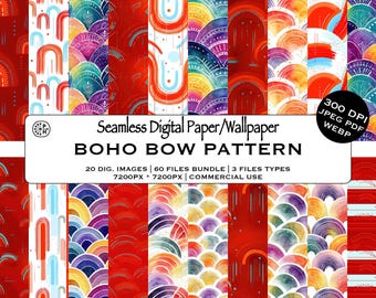 Watercolor Bow Boho Pattern Bundle, Bohemian Rainbow Seamless Pattern, Wallpaper, DIY Crafts, Digital, Instant Download, Commercial Use, JPG