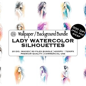 May include: A collection of watercolor silhouettes of women with flowing hair, in various colors like orange, purple, and blue. The image includes text that reads "LADY WATERCOLOR SILHOUETTES" and details about the image bundle.