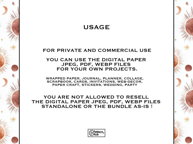 Puede incluir: Fondo blanco con texto sobre el uso de papel digital para uso privado y comercial. Incluye tipos de archivos como JPEG, PDF y WEBP para proyectos como diarios e invitaciones. No se permite la reventa del papel digital.