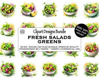 Healthy Fresh Salads Clipart Bundle, Greens Avocado Smoothie Bowl Vegan Recipes, Veggie, DIY, Food Blog, Instant Download Commercial Use PNG