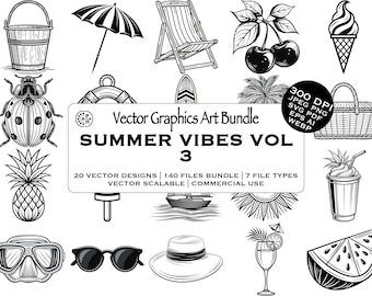 Summer Vibes, Vector Clipart Set, Minimalist Black White, Beach Items, Tattoo, Logo Design, Commercial Use, Instant Download, SVG PNG Bundle