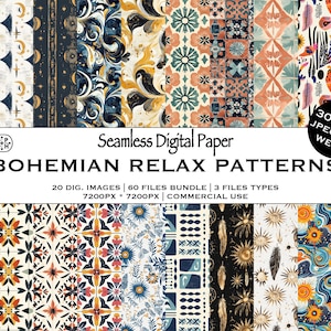 Könnte beinhalten: Eine Sammlung nahtloser digitaler Papiermuster mit einem Bohemian-Thema. Die Muster weisen verschiedene Designs auf, darunter florale, geometrische und abstrakte Elemente in einer Reihe von Farben. Das Bild enthält den Text "BOHEMIAN RELAX PATTERNS".