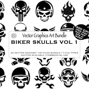 Puede incluir: Una colección de gráficos vectoriales de calaveras de motorista en blanco y negro. Los diseños incluyen calaveras con cascos, llamas y calaveras cruzadas. El texto "BIKER SKULLS VOL 1" se muestra en un rectángulo blanco.