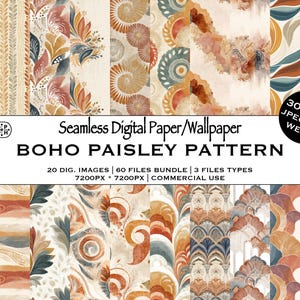 May include: A collection of seamless digital paper and wallpaper designs with a boho paisley pattern. The designs feature warm colors like orange, brown, and beige, with intricate floral and abstract motifs. The image includes the text "Seamless Digital Paper/Wallpaper" and "BOHO PAISLEY PATTERN".
