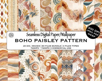 Boho Paisley Seamless Pattern Bundle, Earthy Textiles Designs, Bohemian Wallpapers, Planner Backgrounds, Instant Download Commercial Use JPG