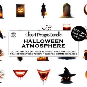Könnte beinhalten: Ein digitales Clipart-Bundle mit Halloween-Illustrationen. Die Bilder zeigen eine Hexe, ein Spukhaus, einen Raben, einen Grabstein, einen lächelnden Mund und einen Vollmond mit Fledermäusen. Der Text lautet "Halloween Atmosphere".