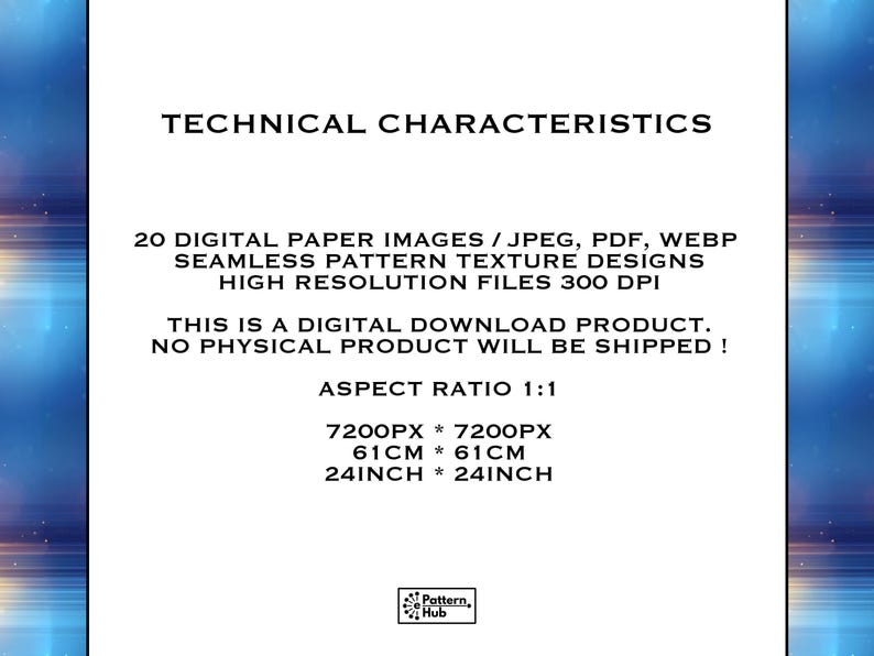 May include: White background with text: "TECHNICAL CHARACTERISTICS". Details include 20 digital paper images, seamless pattern texture designs, and high-resolution files. The aspect ratio is 1:1, with dimensions of 7200px x 7200px and 24 inches x 24 inches.