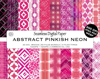 May include: A collection of seamless digital paper designs in shades of pink and neon colors. The designs feature geometric and abstract patterns. The image includes the text "ABSTRACT PINKISH NEON" and details about the file types and resolution.