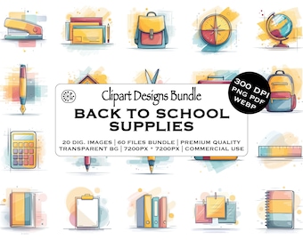 Back to School Watercolor Clipart Bundle, Educational Graphics, School Supplies, Globe, Scissors, DIY, Instant Download, Commercial Use, PNG