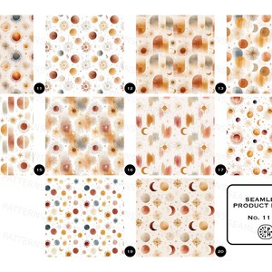 Puede incluir: Una colecci&oacute;n de patrones sin costuras en acuarela con dise&ntilde;os celestiales y geom&eacute;tricos. Los patrones incluyen soles, lunas, estrellas y formas abstractas en tonos c&aacute;lidos y terrosos. La imagen tambi&eacute;n incluye el texto "SEAMLESS PRODUCT IMAGES No. 11 - 20".