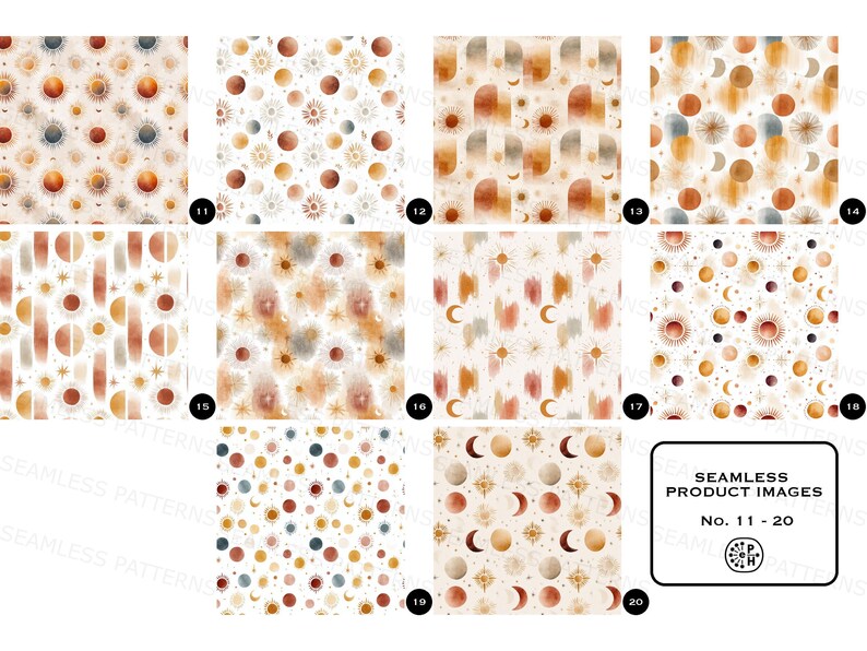 Puede incluir: Una colecci&oacute;n de patrones sin costuras en acuarela con dise&ntilde;os celestiales y geom&eacute;tricos. Los patrones incluyen soles, lunas, estrellas y formas abstractas en tonos c&aacute;lidos y terrosos. La imagen tambi&eacute;n incluye el texto "SEAMLESS PRODUCT IMAGES No. 11 - 20".