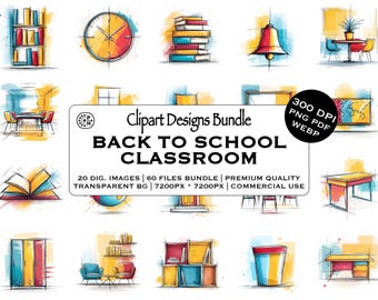Classroom Watercolor Clipart Bundle, Back to School Cliparts, Educational Illustrations, DIY crafting, Instant Download, Commercial Use, PNG