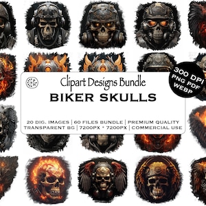 Puede incluir: Un paquete de imágenes prediseñadas digitales con varios diseños de calaveras de moteros. Las imágenes muestran calaveras detalladas con cascos, llamas y elementos mecánicos. El texto dice "Clipart Designs Bundle BIKER SKULLS". Incluye 20 imágenes digitales, 60 archivos y es para uso comercial.